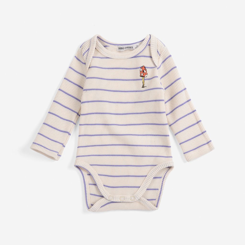 Bobo Choses Baby Mush Monster Stripes bodysuit in cream cotton, striped monster print, slim fit