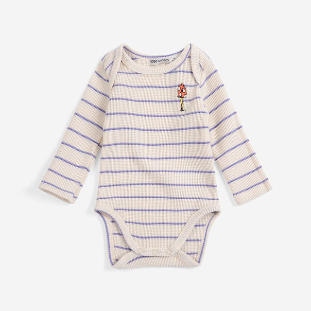 Bobo Choses Baby Mush Monster Stripes bodysuit in cream cotton, striped monster print, slim fit