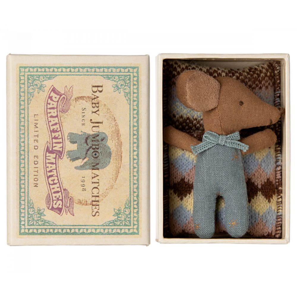 Maileg Sleepy wakey baby mouse in matchbox  Blue