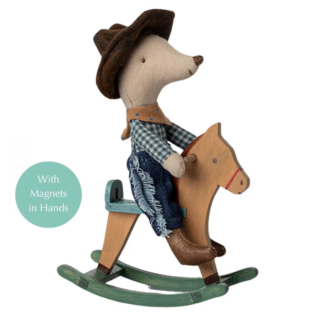 Maileg Cowboy mouse on rocking horse, Little brother