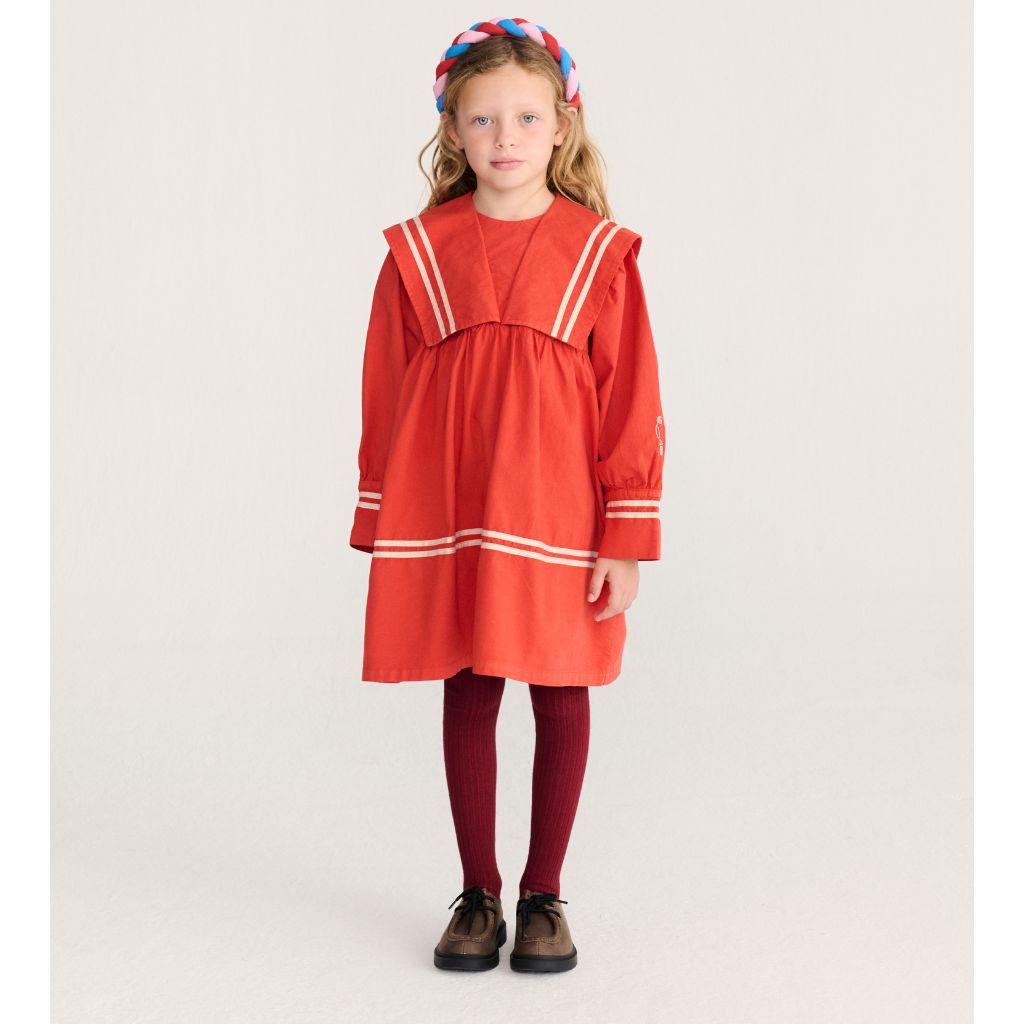 Bobo Choses Sailor dress in red organic cotton, nautical sailor collar, short sleeves