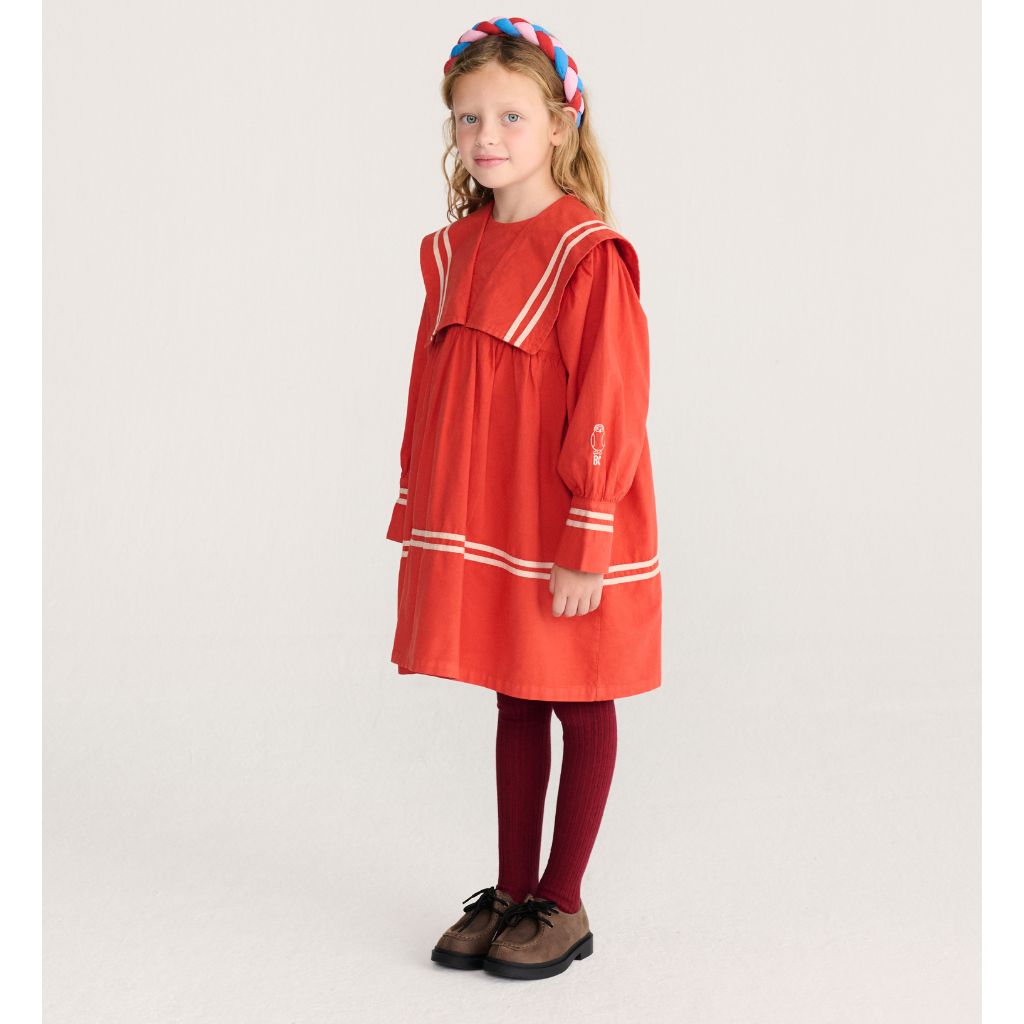 Bobo Choses Sailor dress in red organic cotton, nautical sailor collar, short sleeves