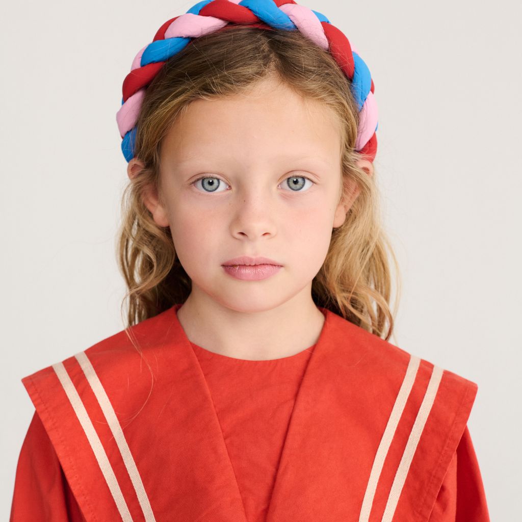 Bobo Choses Sailor dress in red organic cotton, nautical sailor collar, short sleeves