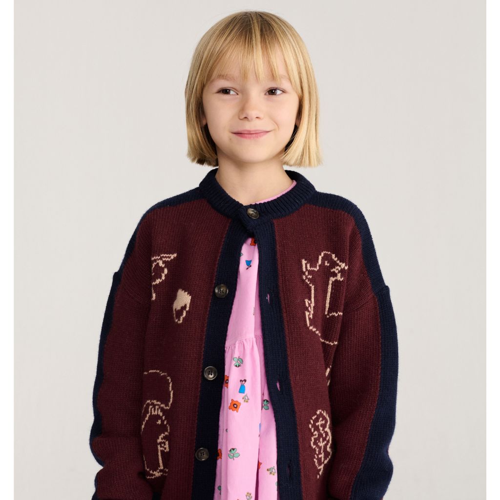 Bobo Choses Forest Scene cardigan in burgundy recycled wool and cashmere knit, woodland jacquard, buttons