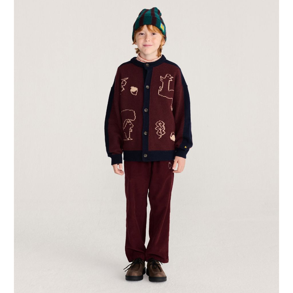 Bobo Choses Forest Scene cardigan in burgundy recycled wool and cashmere knit, woodland jacquard, buttons