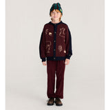 Bobo Choses Forest Scene cardigan in burgundy recycled wool and cashmere knit, woodland jacquard, buttons