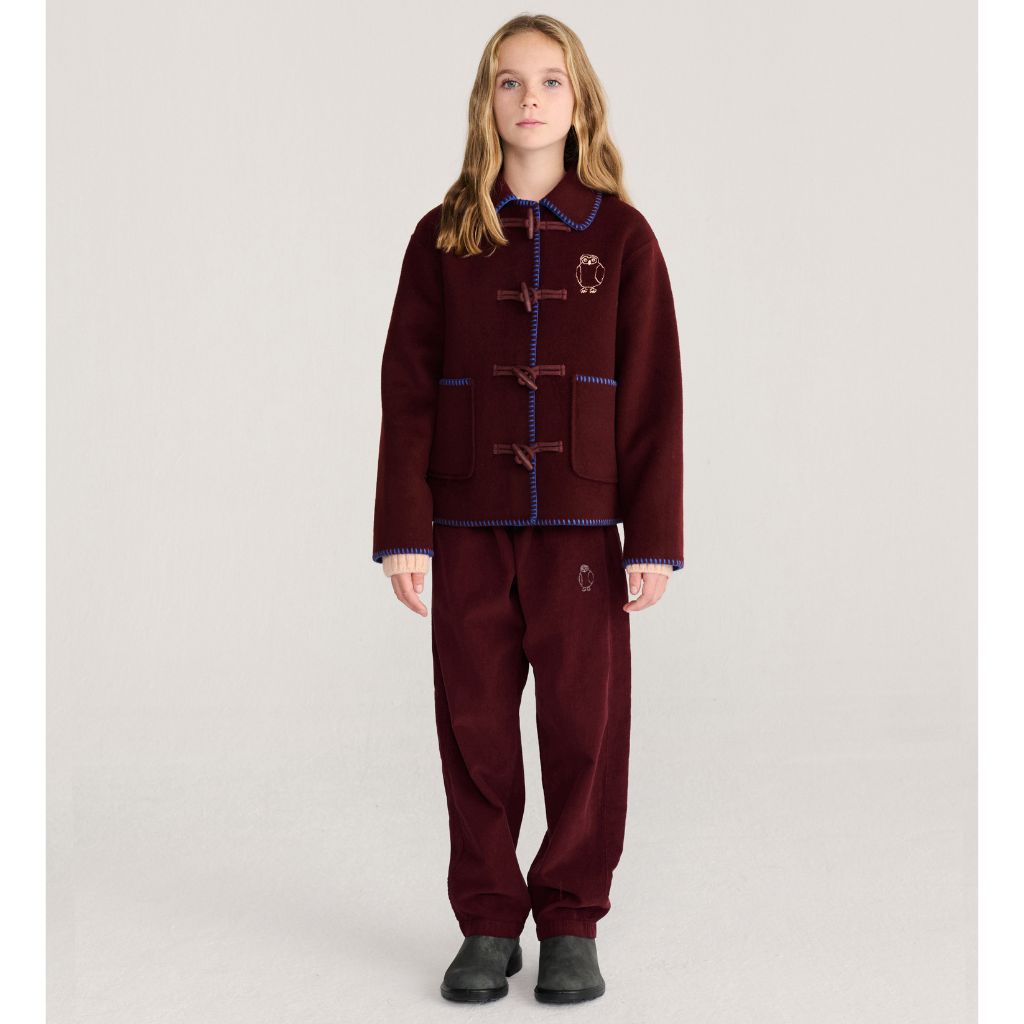 Bobo Choses Curious Owl corduroy pants in burgundy organic cotton, front pleats, relaxed leg