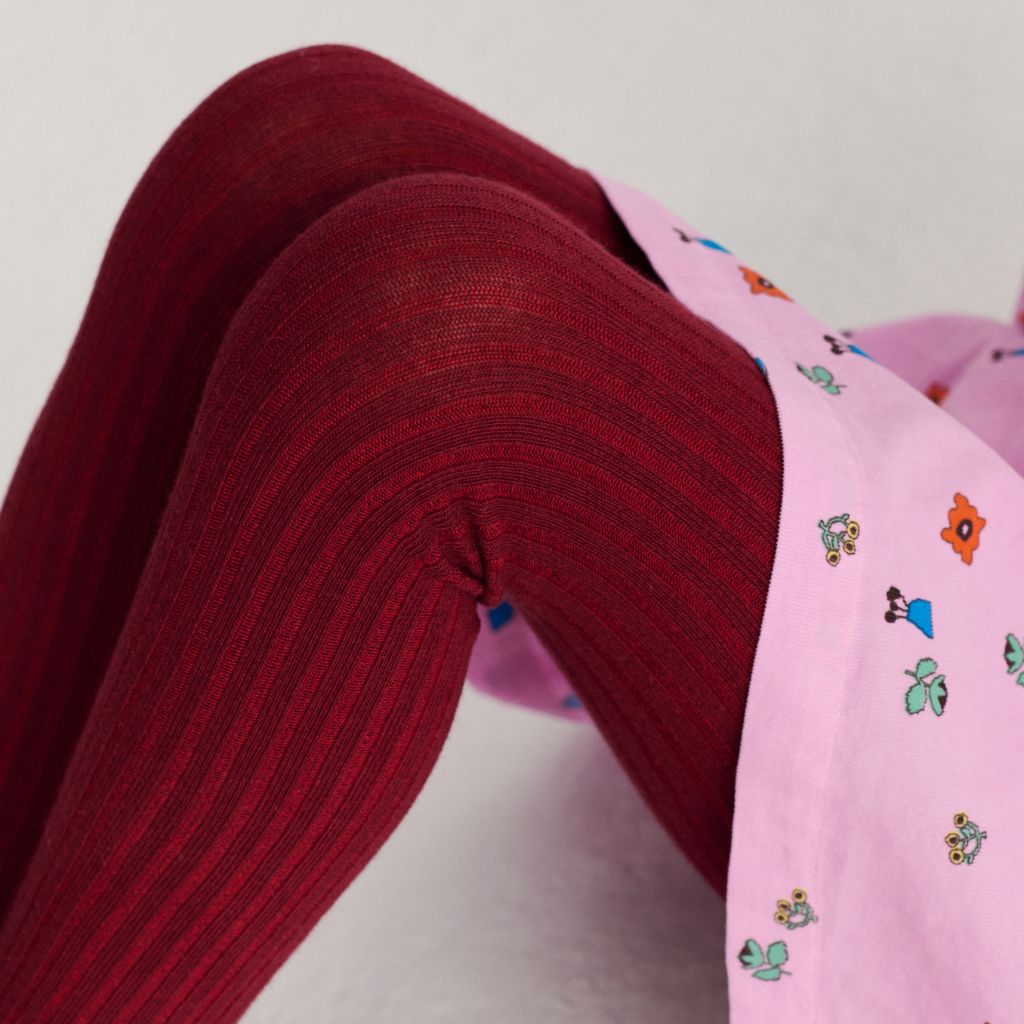 Bobo Choses ribbed tights in red stretch organic cotton, fine rib knit, full length