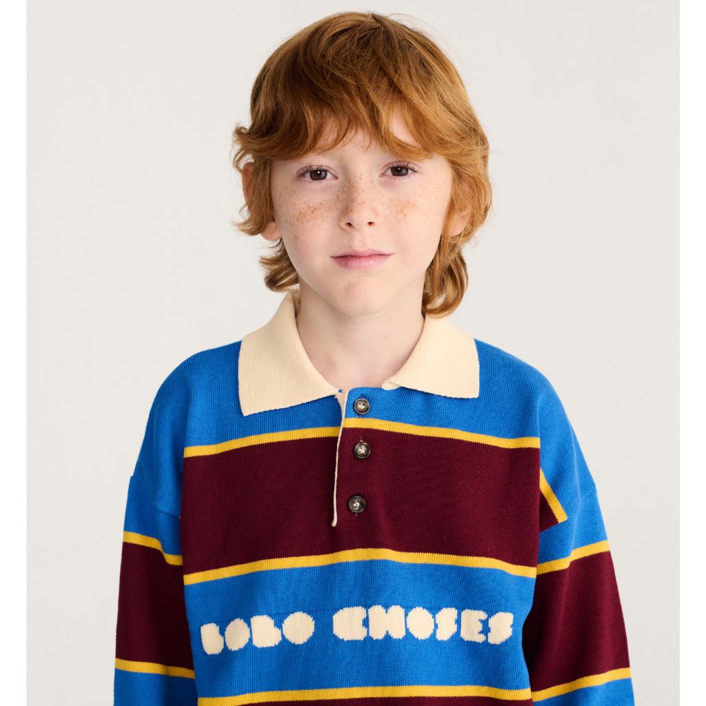 Bobo Choses Bolder polo jumper in multicolour organic cotton knit, ribbed polo collar, loose fit