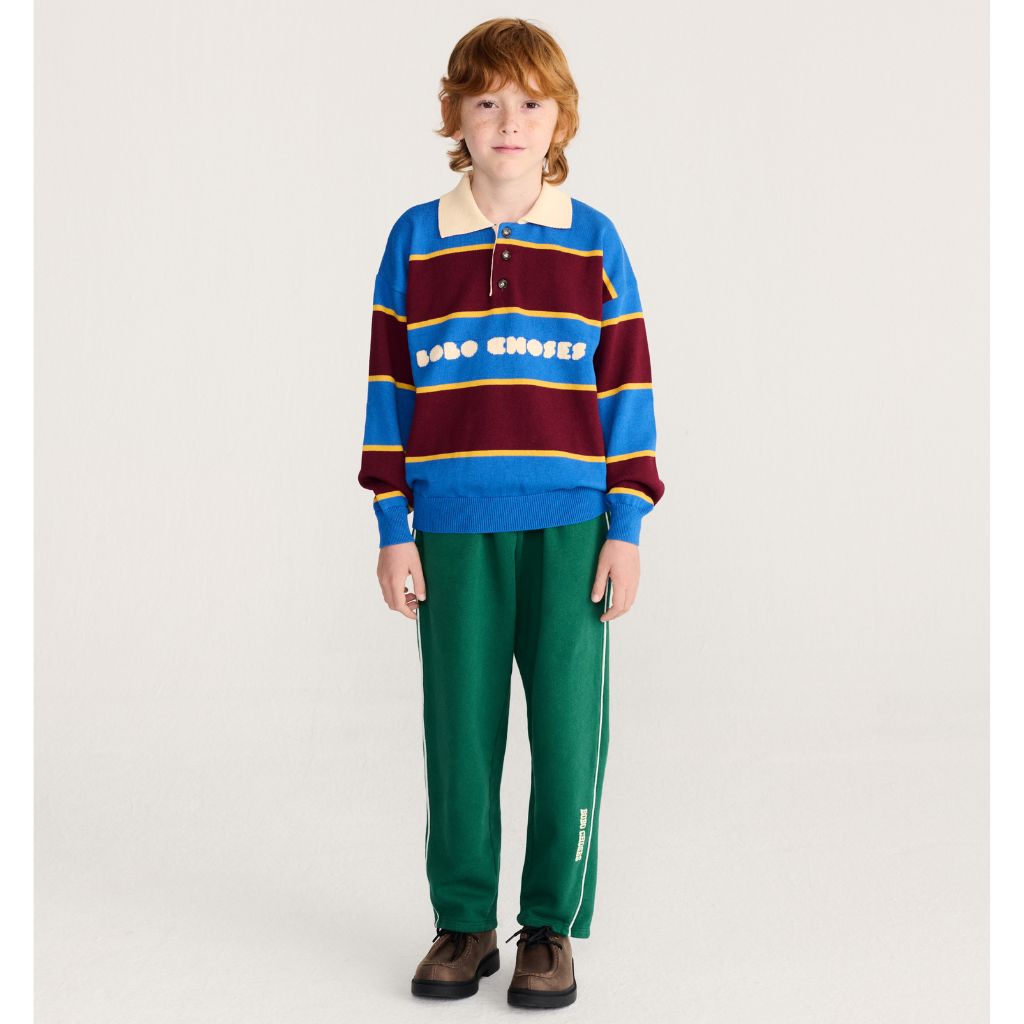 Bobo Choses Bolder polo jumper in multicolour organic cotton knit, ribbed polo collar, loose fit