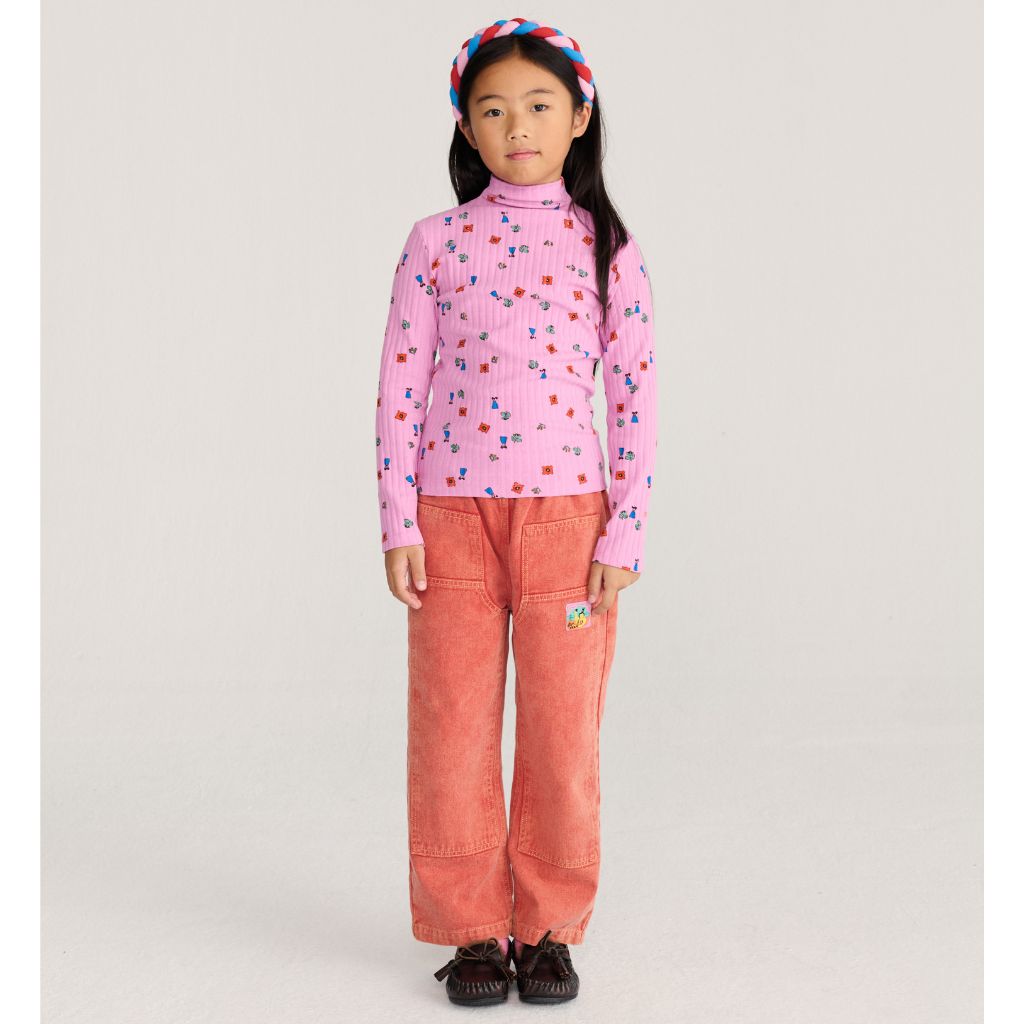 Bobo Choses Blossom turtleneck t-shirt in pink stretch cotton, turtle neck, all over floral print