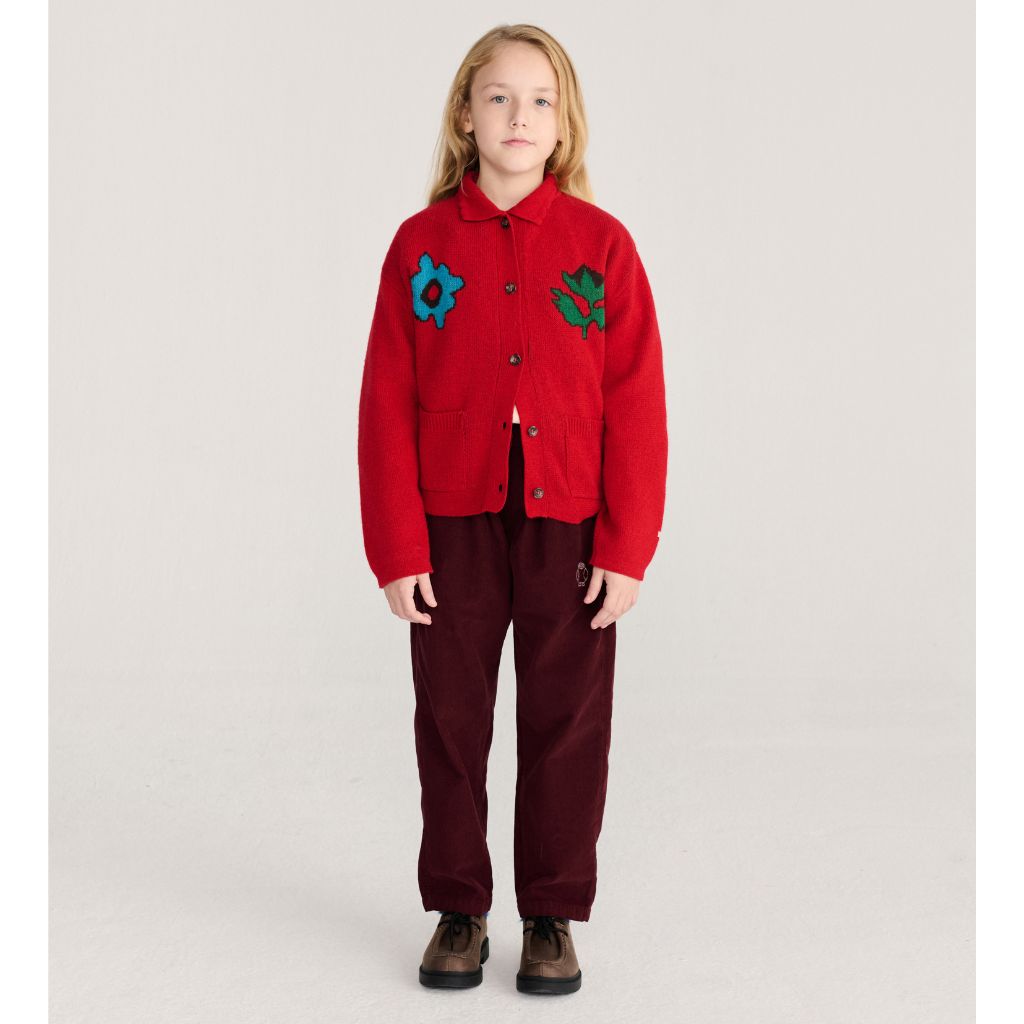 Bobo Choses Blossom cardigan in red recycled wool and cashmere knit, boxy fit, button front