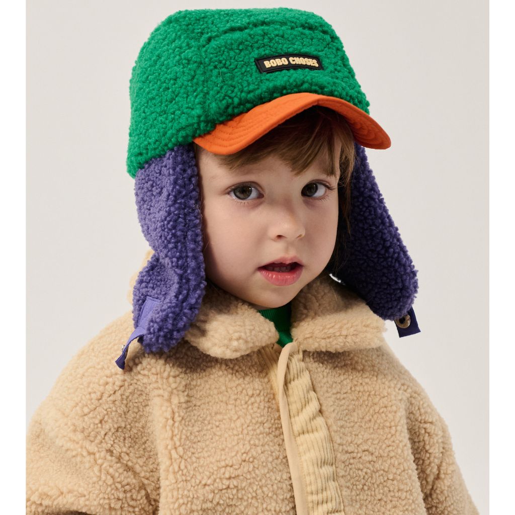 Bobo Choses Color Block sheepskin chapka kids hat in multicolour, lined ear flaps, chin ties