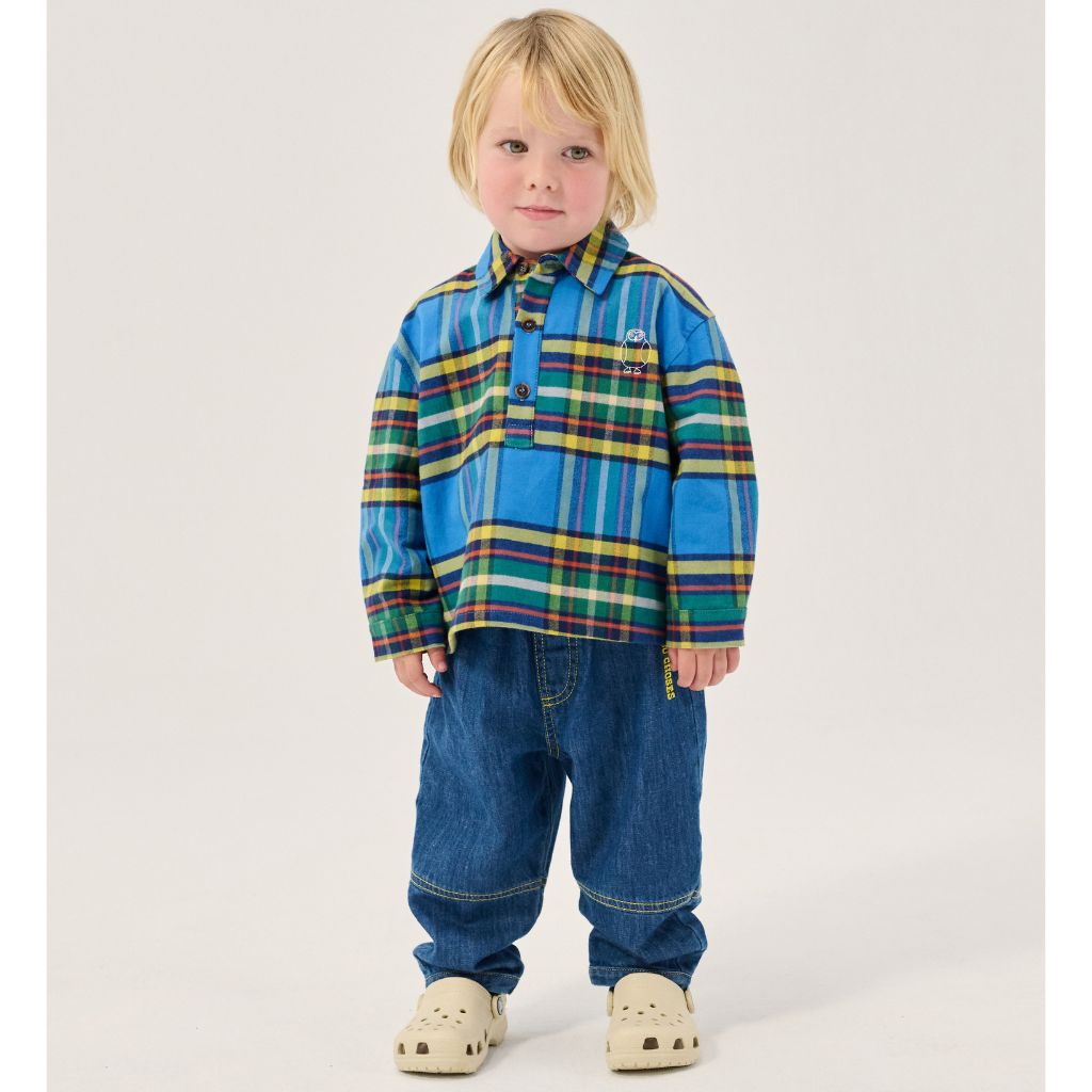 Bobo Choses Baby Plaid shirt in blue cotton, all over plaid check, button front