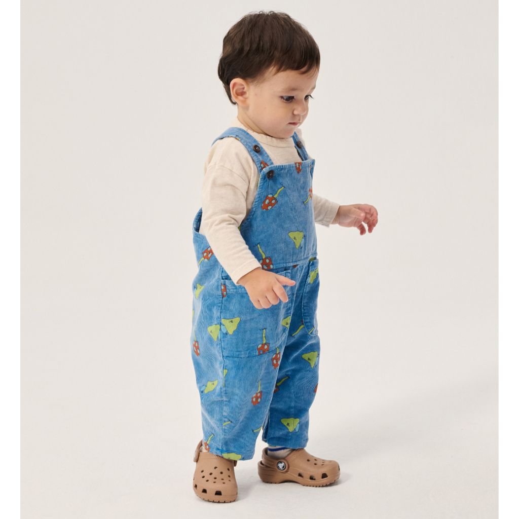 Bobo Choses Baby Mush Monster Duo corduroy overall in blue organic cotton cord, monster print, snaps