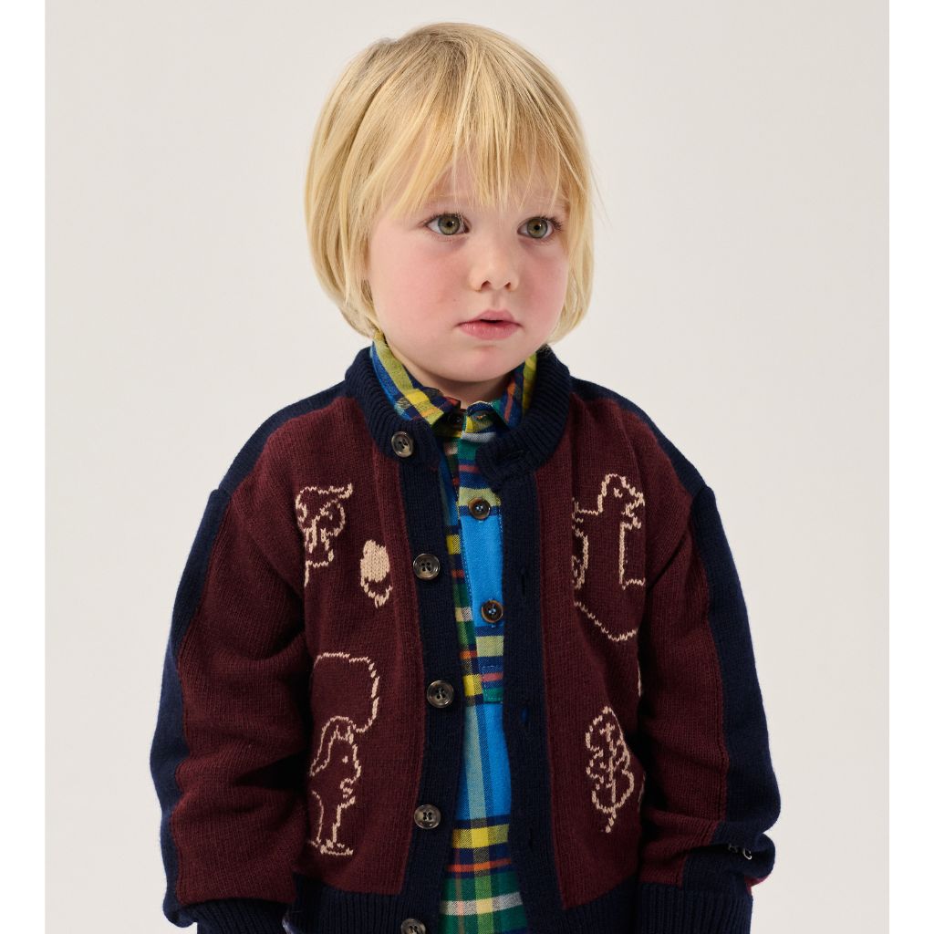 Bobo Choses Baby Forest Scene cardigan in burgundy recycled wool and cashmere, woodland jacquard, buttons