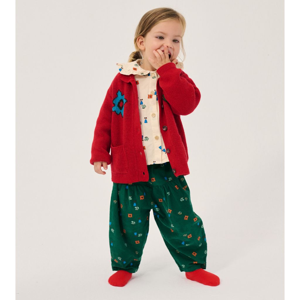 Bobo Choses Baby Blossom cardigan in red recycled wool and cashmere knit, button front