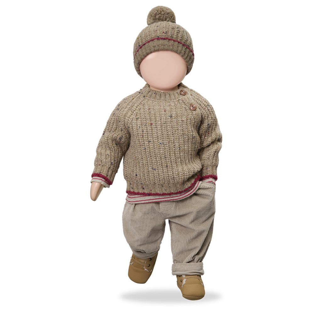 1 + in the Family MALIGNE beige baby sweater in chunky ribbed knit with burgundy trim