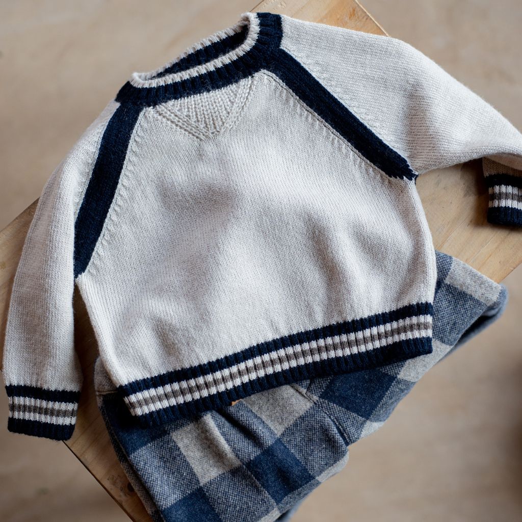 1 + in the Family MILANO cream baby knitted pullover in wool blend with navy tipped ribbing