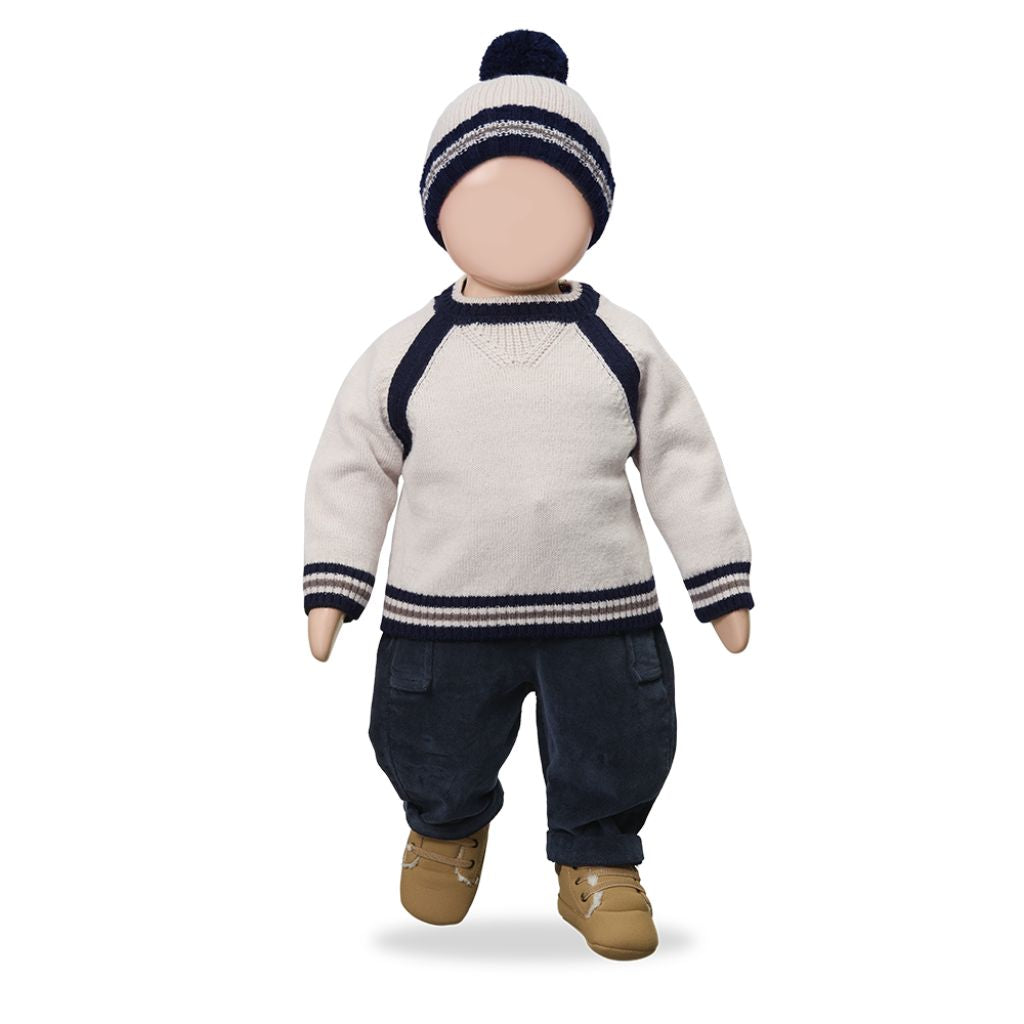 1 + in the Family MILANO cream baby knitted pullover in wool blend with navy tipped ribbing