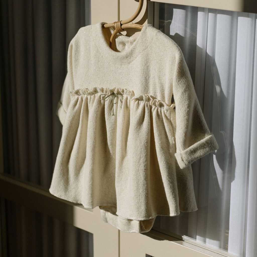 1 + in the Family CONQUES ivory newborn dress with attached bodysuit in lurex fleece, bow at waist