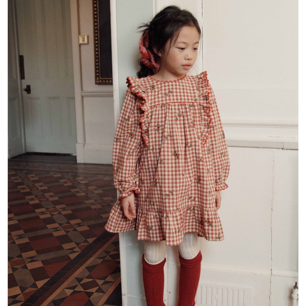 Emile & Ida Gingham Ruffle Embroidery Dress Gingham Embroidery