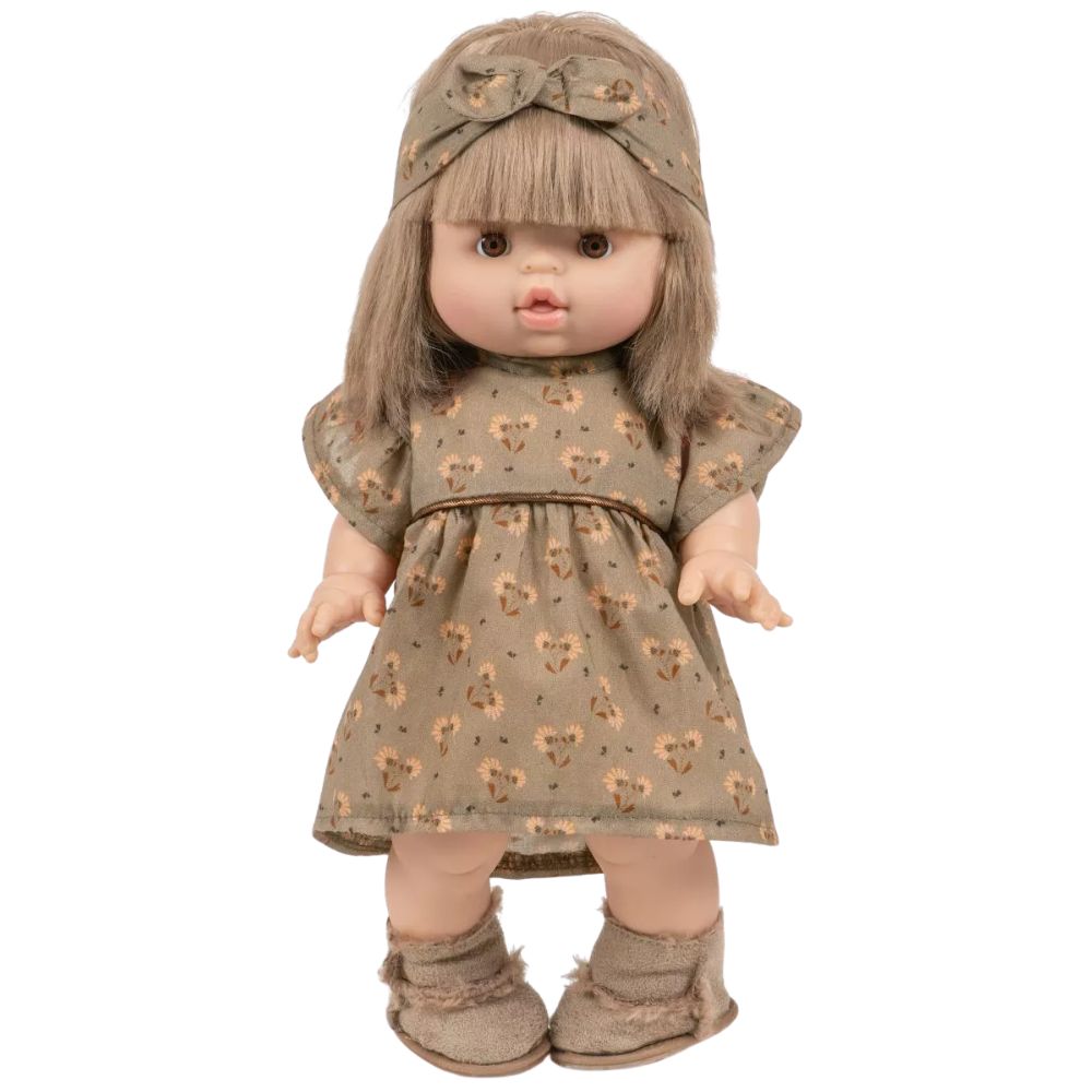Minikane Clothing for 34cm Gordis Dolls-  Daisy dress and its headband with a round knot in hazelnut washed linen