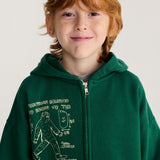 Bobo Choses Mr. Footish zipped hoodie in dark green organic cotton, full zip front, hood, loose fit