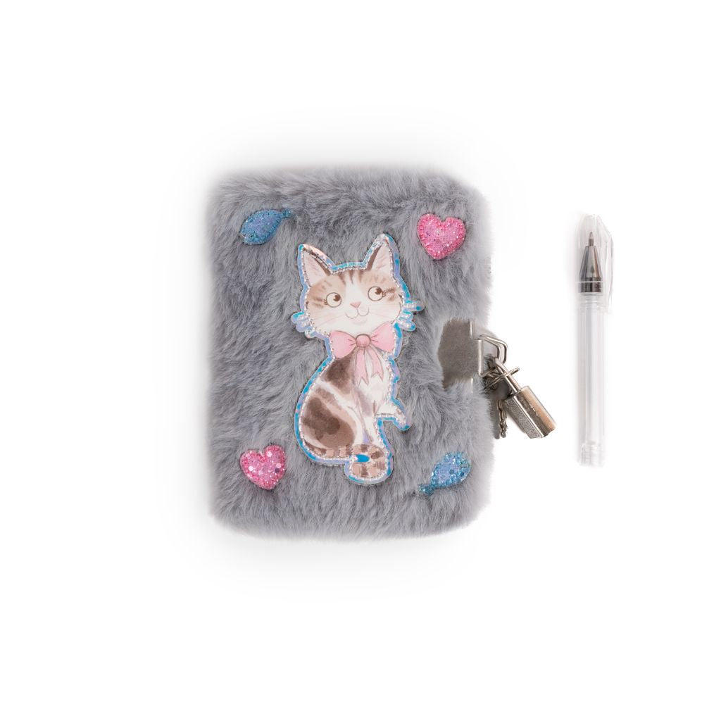 Great Pretenders Cuddle Cat Mini Furry Journal with Pen, Lock, & 2 Keys, Grey