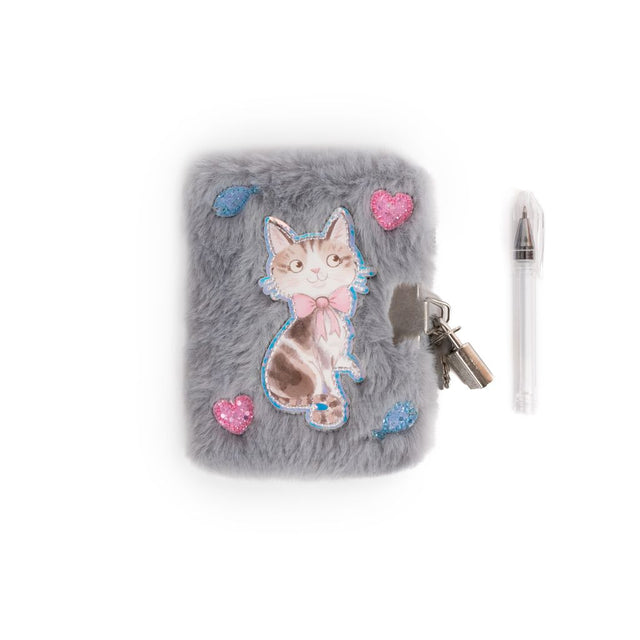 Great Pretenders Cuddle Cat Mini Furry Journal with Pen, Lock, & 2 Keys, Grey
