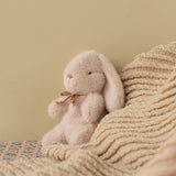 Plush bunny toy with a bow sitting on a textured surface against a beige wall.
