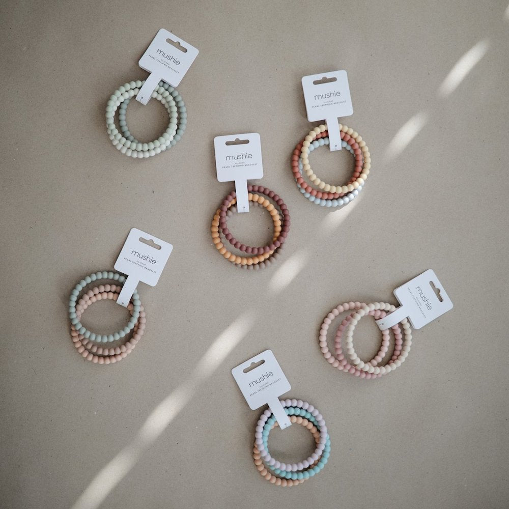 Mushie Pearl Teething Bracelet 3-Pack Clary Sage/Tuscany/Desert Sand