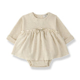 1 + in the Family CONQUES ivory newborn dress with attached bodysuit in lurex fleece, bow at waist