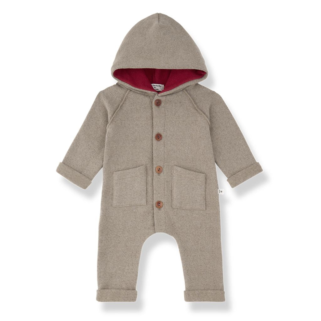 1 + in the Family MOLSON beige baby hooded jumpsuit in soft fleece with a contrast-lined hood