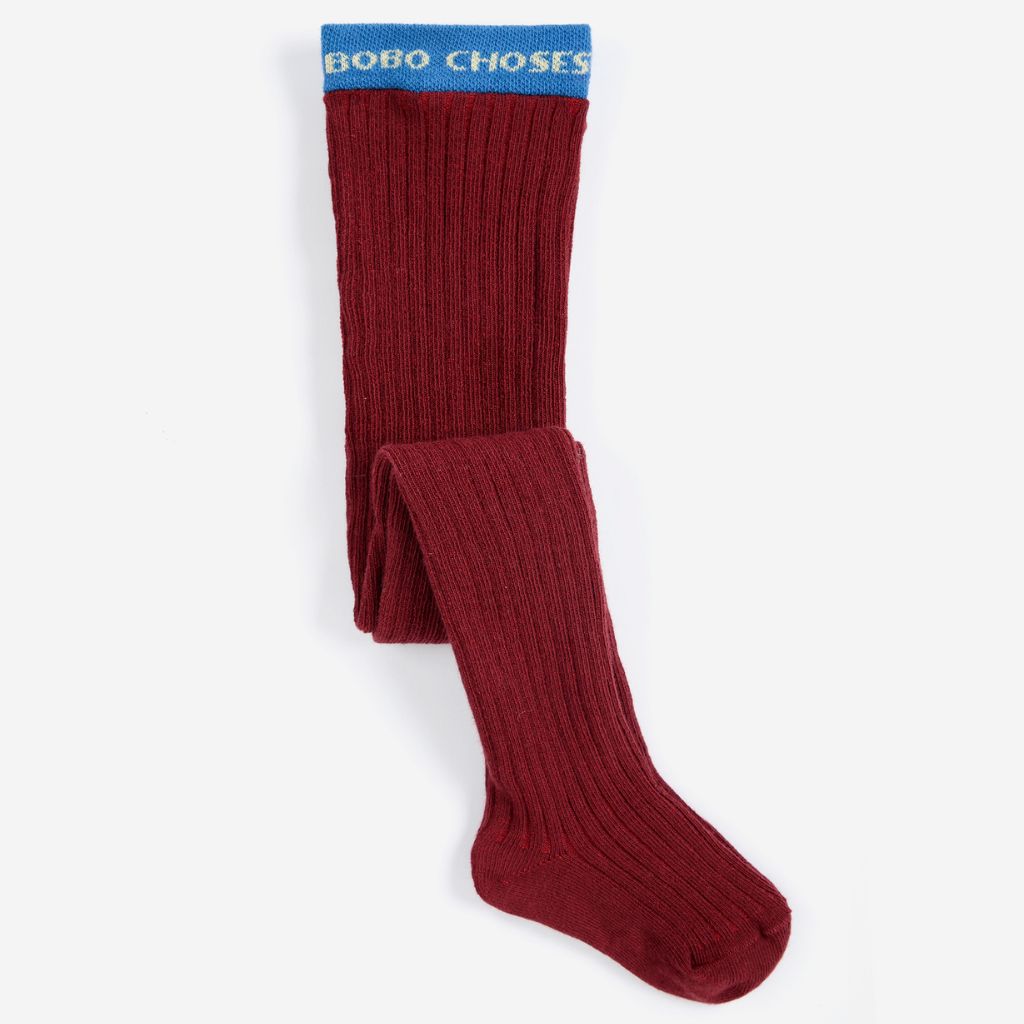 Bobo Choses ribbed tights in red stretch organic cotton, fine rib knit, full length
