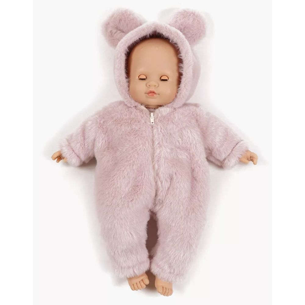 Minikane Émilie, soft-body doll 36cm with sleeping eyes and Winnie jumpsuit in pink faux fur