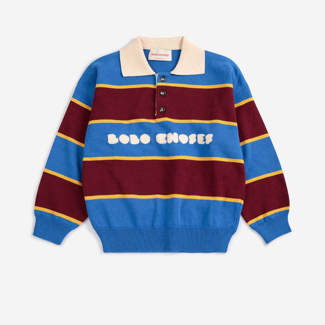 Bobo Choses Bolder polo jumper in multicolour organic cotton knit, ribbed polo collar, loose fit