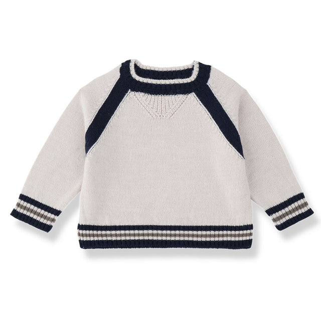 1 + in the Family MILANO cream baby knitted pullover in wool blend with navy tipped ribbing