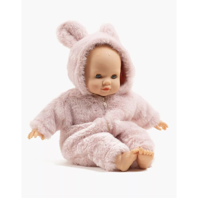 Minikane Émilie, soft-body doll 36cm with sleeping eyes and Winnie jumpsuit in pink faux fur