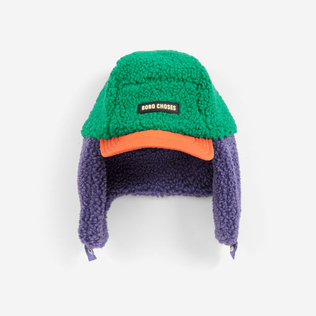 Bobo Choses Color Block sheepskin chapka kids hat in multicolour, lined ear flaps, chin ties