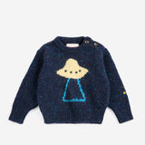 Bobo Choses Baby Pixel Abduction jumper in navy wool blend knit, pixel alien motif, loose fit