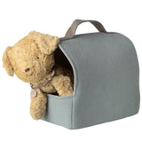 Gray pet carrier with a teddy bear peeking out on a white background