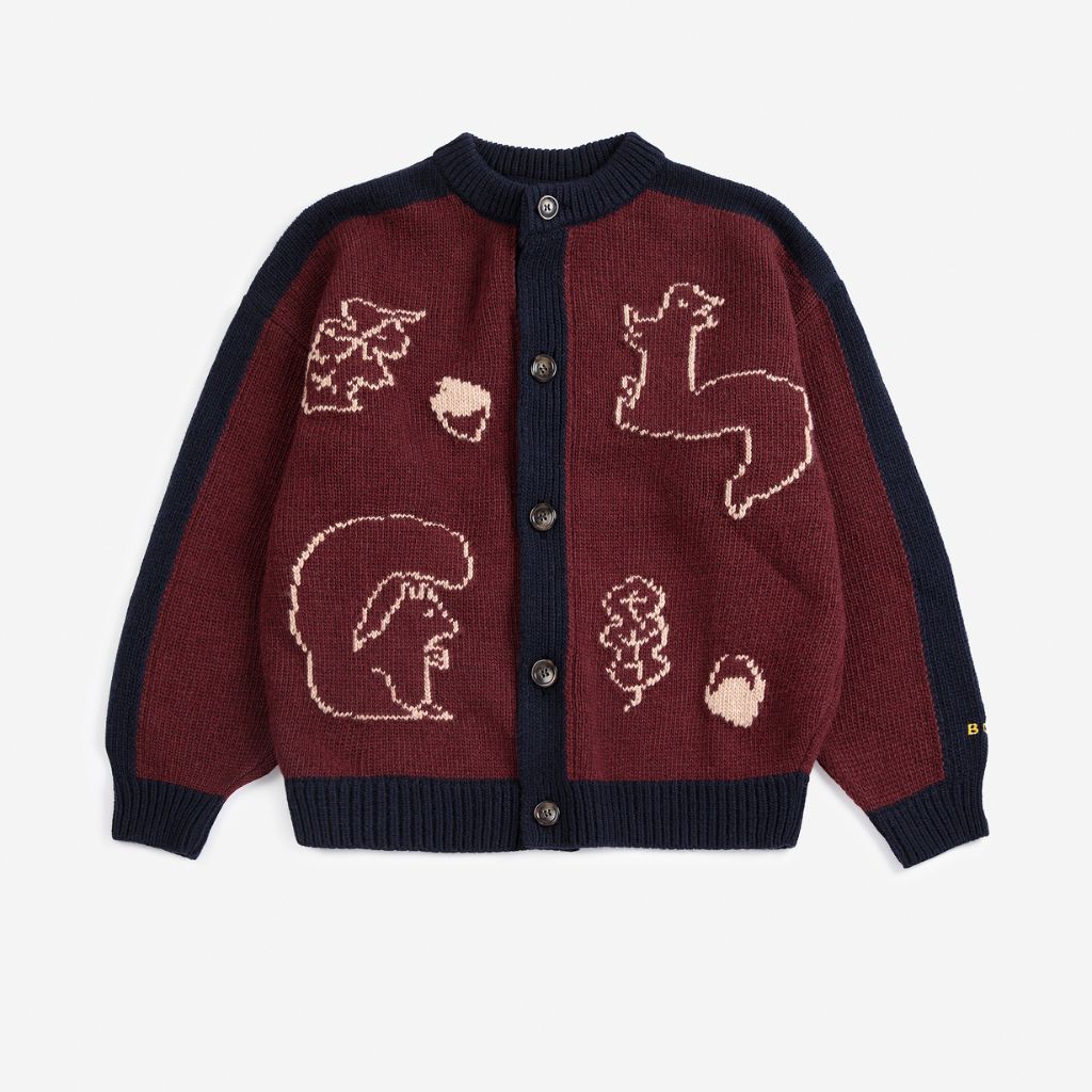 Bobo Choses Forest Scene cardigan in burgundy recycled wool and cashmere knit, woodland jacquard, buttons