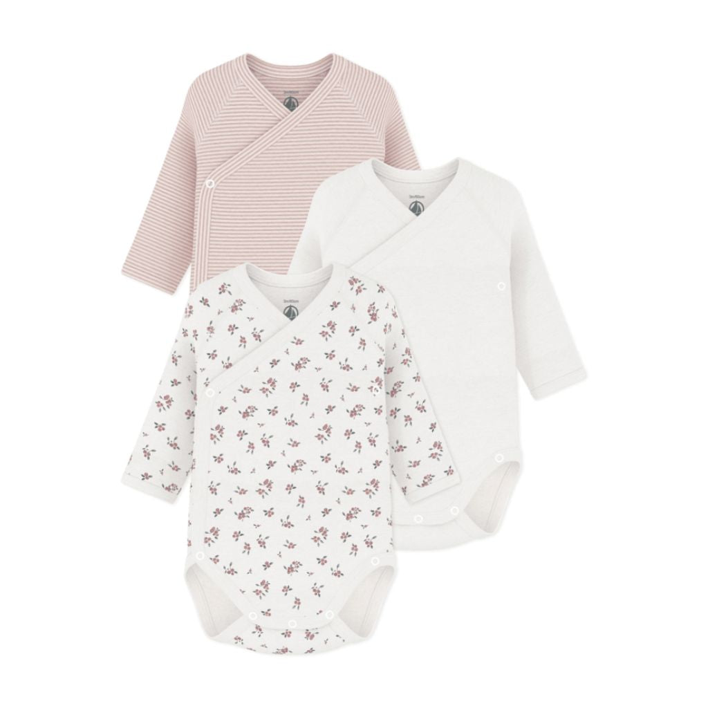 Petit Bateau LS Kimono Bodies 3pcs Soft Pink / Flowers