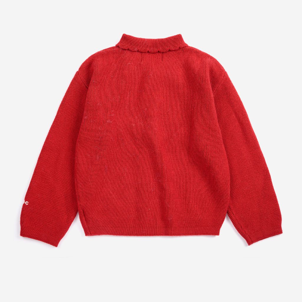 Bobo Choses Blossom cardigan in red recycled wool and cashmere knit, boxy fit, button front
