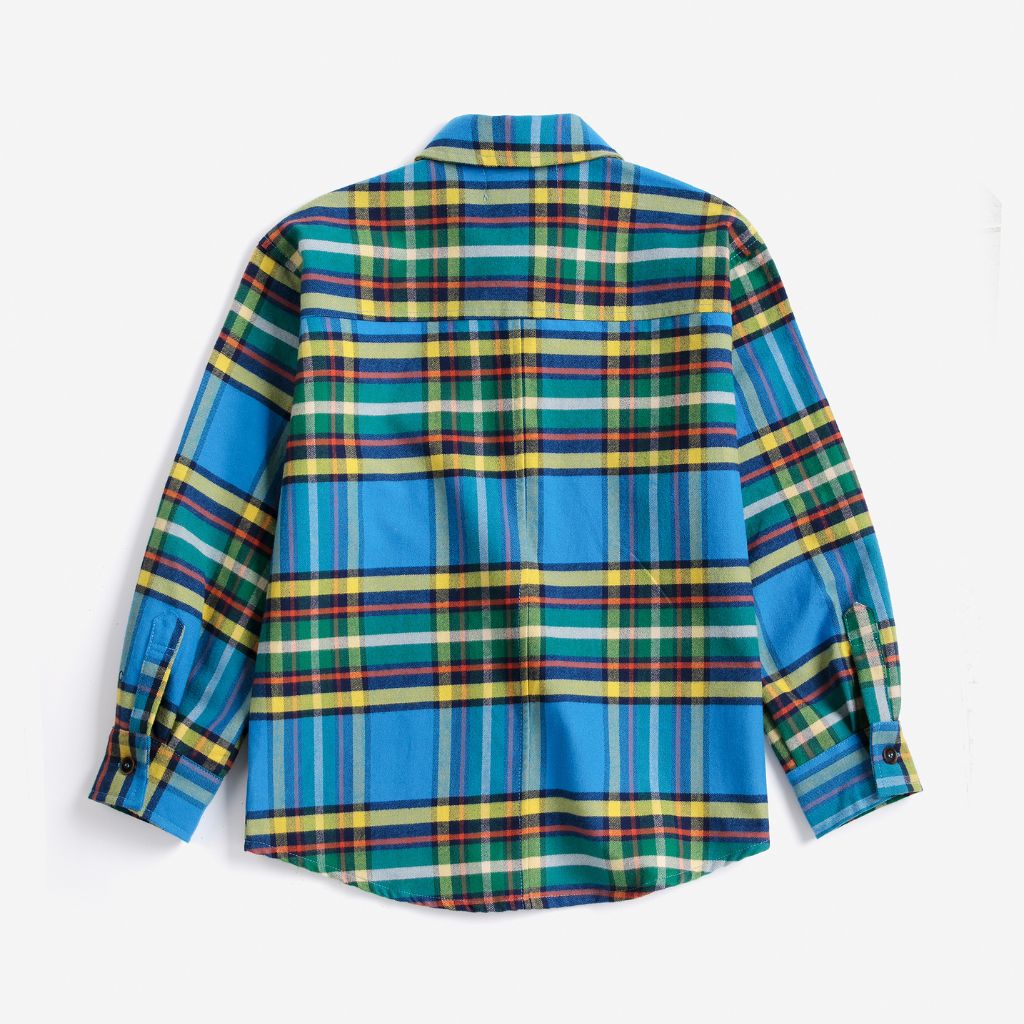 Bobo Choses Tartan shirt in blue cotton, all over tartan check, button front, loose fit