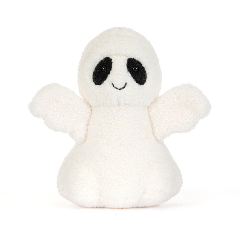Jellycat Bob Ghost, a floaty white plush ghost soft toy with hard beady eyes and bean-weighted base