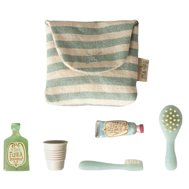 Maileg Toothbrush Set in Bag, Mouse- Blue Stripe