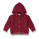 1 + in the Family KELOWNA burgundy baby hooded cardigan in ribbed knit with a button front