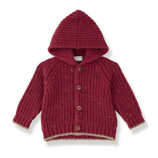 1 + in the Family KELOWNA burgundy baby hooded cardigan in ribbed knit with a button front